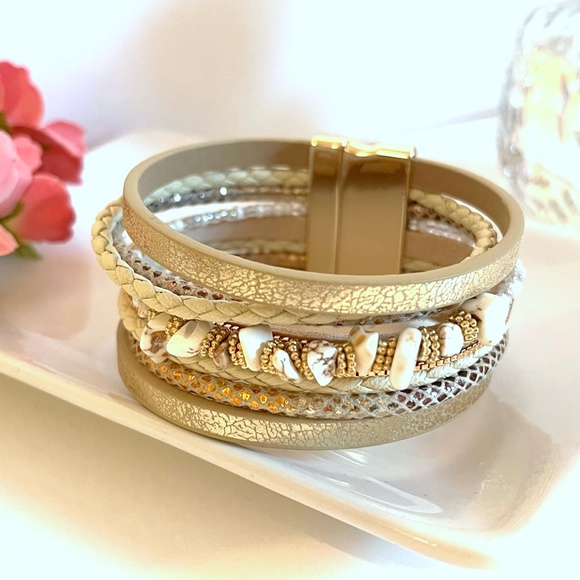 Leather Stone Bead Wrap Bracelet - Picture 2 of 4